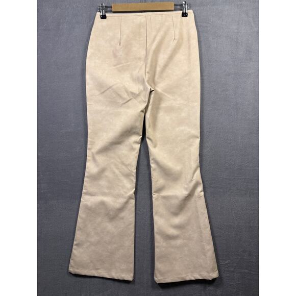 NWT Pretty Little Thing Petite Faux Leather Zip Front Flared Trousers Stone Sz 8 - Picture 9 of 10